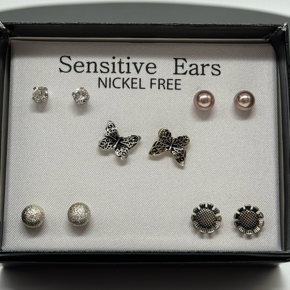 Box Set 5 Pairs Silver Stud Earrings Sun Flower - Picture 3 of 6